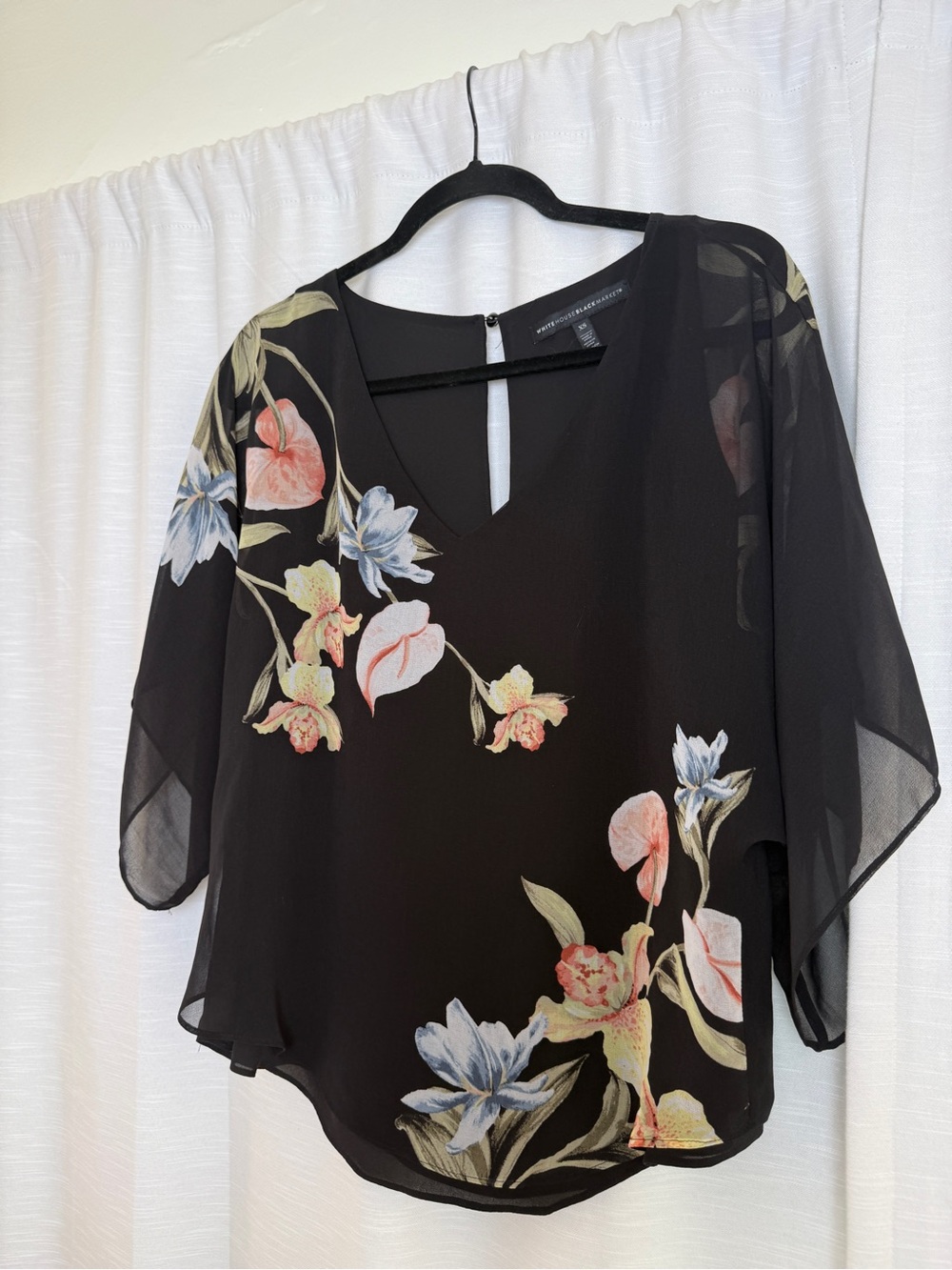 White House Black Market Black Floral Chiffon Blouse | Size XS - Picture 5 of 12